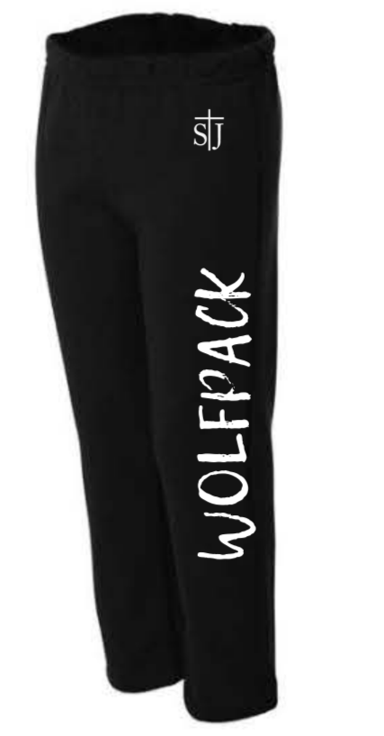 St. Joseph School - Youth Open Bottom Sweatpants - StJ logo with Wolfpack (Black or Sports Grey)