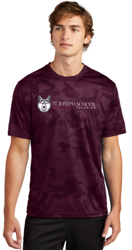 St. Joseph School - Wolfie Long - Maroon Camo Hex Short Sleeve Shirt (YOUTH AND ADULT)