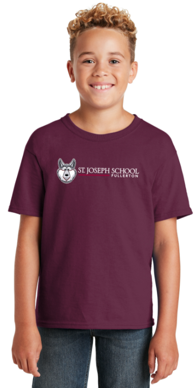 St. Joseph School - Youth Short Sleeve - Wolfie Long Logo (Maroon, Black, White, Grey or Pink)