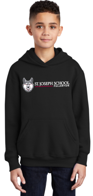 St. Joseph School - Youth Hoodie Sweatshirt - Wolfie Long Logo (Black, White or Grey)