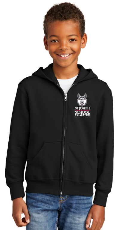 St. Joseph School - Youth Full ZIp Sweatshirt - Wolf Stacked (Black, White or Grey)
