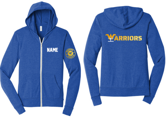 Warriors Gymnastics - Lettered Full Zip Lightweight Hoodie (Blue or Grey)