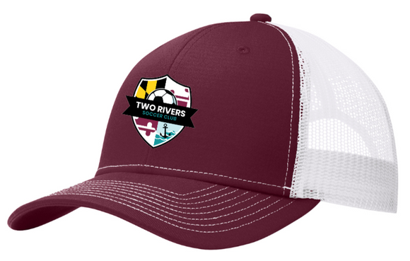 Two Rivers - Maroon and White Trucker Hat (Embroidered Patch)