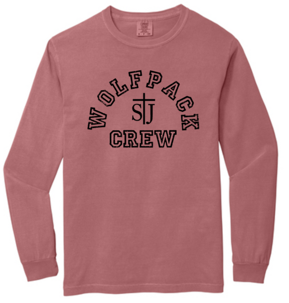 St. Joseph - Wolfpack Arch Comfort Colors - Long Sleeve Shirt (White, Black , Grey, Brick or Yellow) (Adults) (With Wolfie in Arch or Cross in Arch)