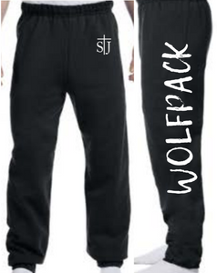 St. Joseph School - Adult Black Sweatpants - StJ logo with Wolfpack (Open Bottom or Joggers)