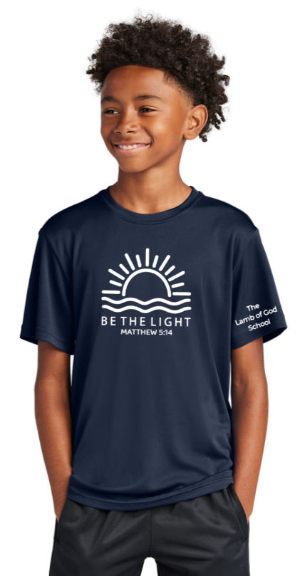 Lamb of God School - BE THE LIGHT - Navy Blue Performance Short Sleeve T Shirt (YOUTH AND ADULT)