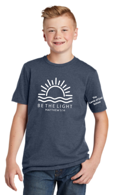 Lamb of God School - BE THE LIGHT - Navy Blue Heather District SS Shirt (Youth and Adult)