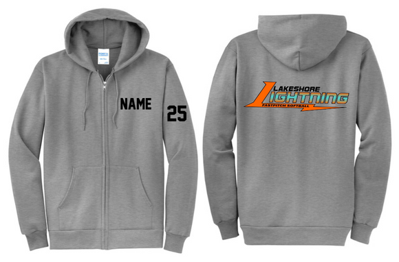 Lightning Softball - Full Zip Grey Hoodie (Youth, Lady or Unisex)