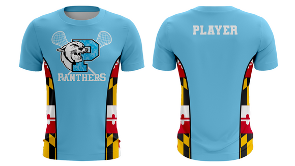 Panthers Lax - SS Sublimated LIGHT BLUE with MD Flag T Shirt (Youth and Adult)